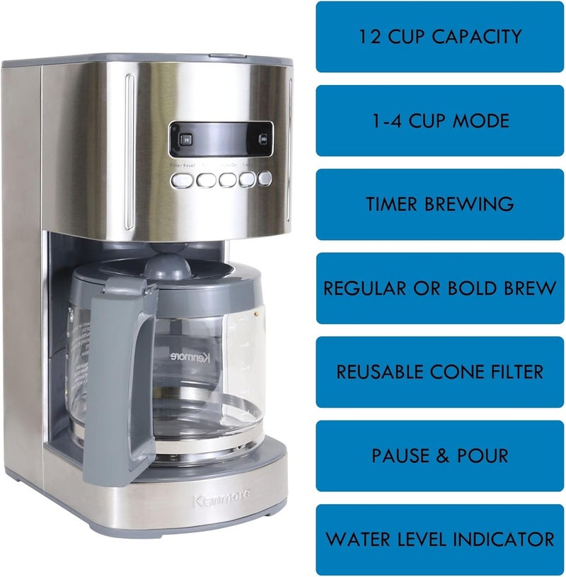 Koolatron Kenmore Drip Coffee Maker - 12 Cup Programmable Cafe Machine With Glass Pot, Regular & Bold Brew, Auto Shut Off Large Water Reservoir, Reusable Filter, Kitchen Appliances For Cafeteria Barista - Image 3